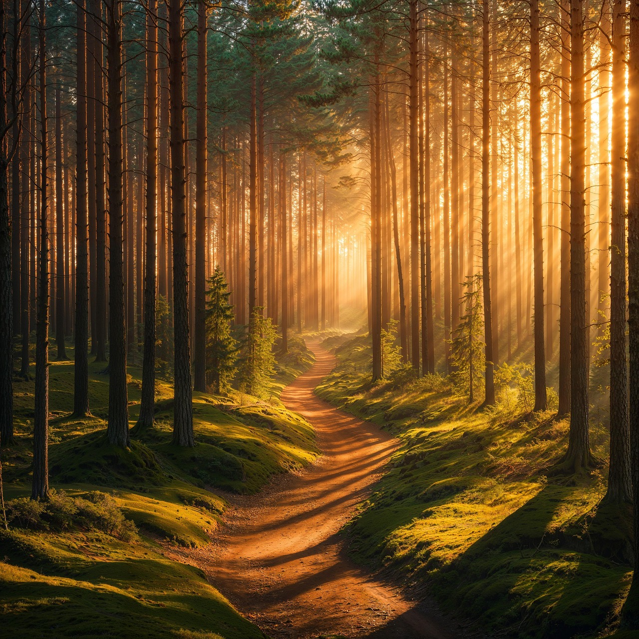 forest, sunrise, path, pine, golden, light, tranquil, moss, serene, shadows, glow, nature, landscape, sunrays, serene, serene, serene, serene, serene, sunrays